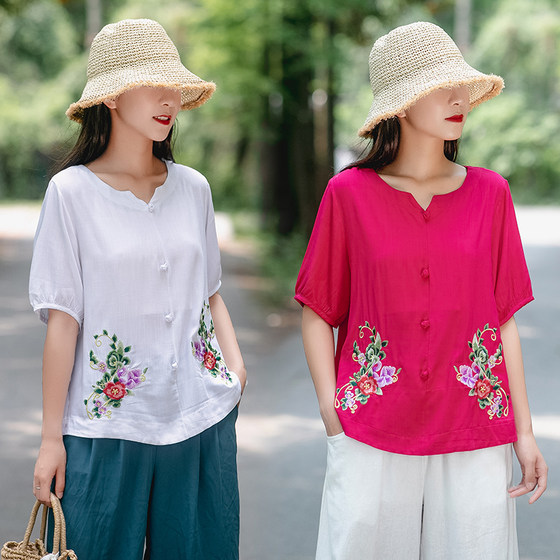 2025 summer new style ethnic cotton and linen embroidered T-shirt mother-wear loose large size women's short-sleeved tops 2025 summer new style ethnic cotton and linen embroidered T-shirt mother-wear loose large size women's short-sleeved tops