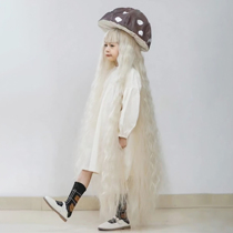 Childrens wig female long hair natural fluffy long curly hair sweet and cute water ripple wool roll full headgear wig
