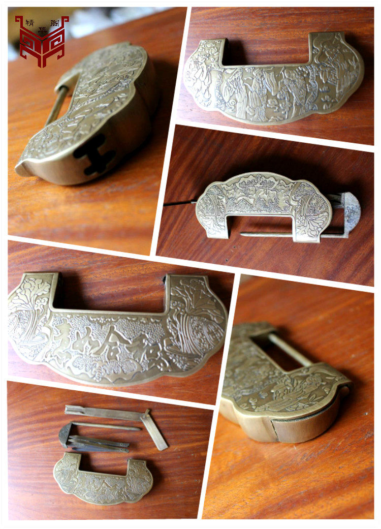 和合如意古典仿古铜锁中式锁老式铜活插销锁横开元宝挂锁结婚用品