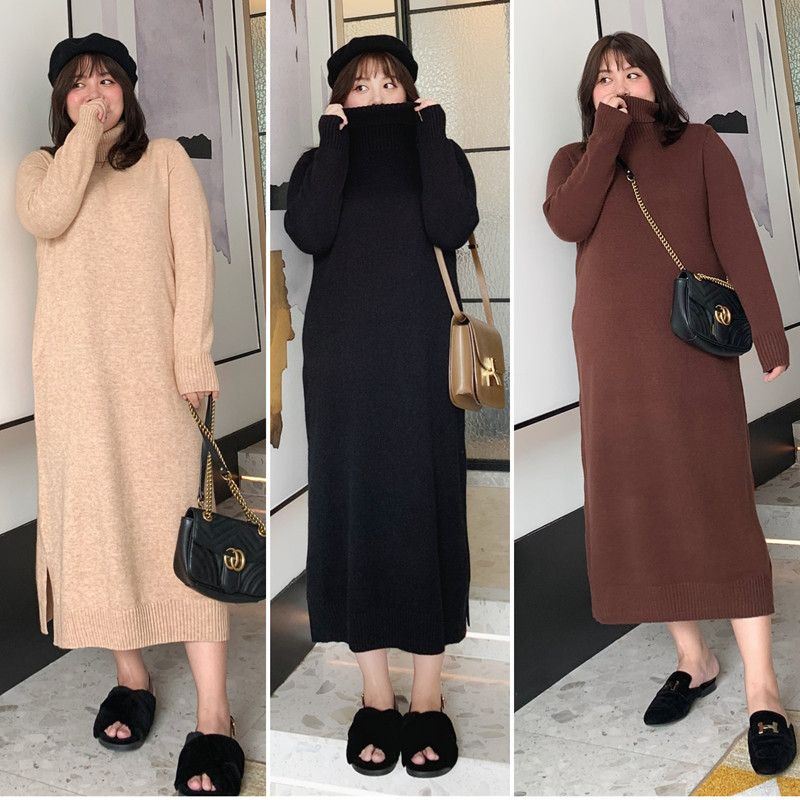 300 pounds of large size women's clothing fat mm turtleneck sweater dress Women's autumn and winter clothes loose thin knitted base skirt