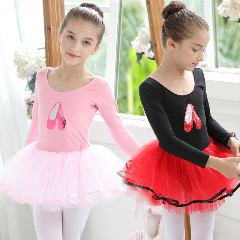 girls modern dance pink ballet dress training gymnastics suit long sleeve children's dancing dress girl's ballet dance tutu skirt