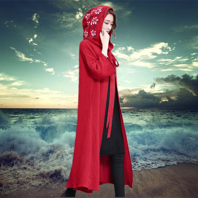 民族风女装棉麻外套中长款春秋斗篷披风女复古文艺中国风连帽风衣_7折