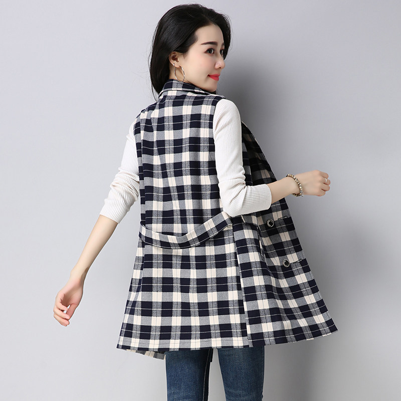 春秋薄款女士马甲中长款修身显瘦格子背心30-40岁时尚坎肩马夹潮