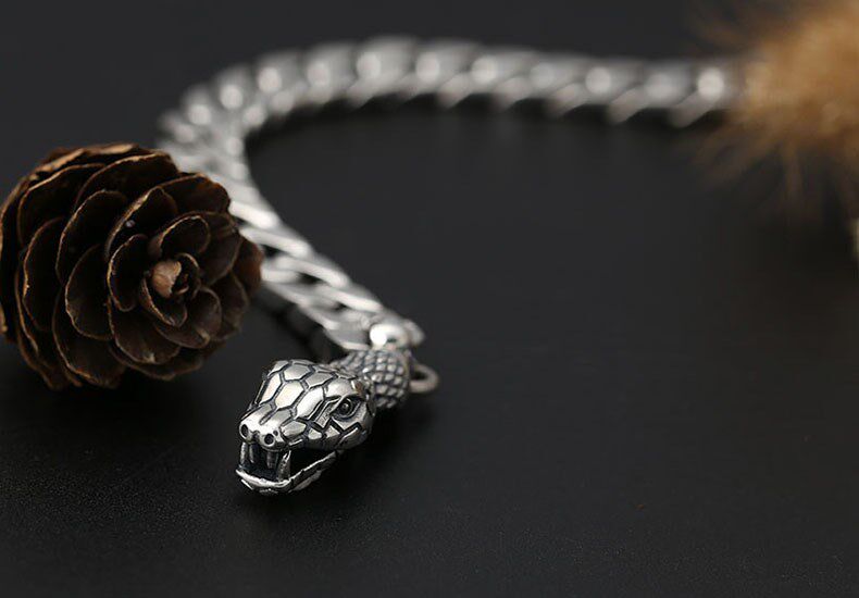 925纯银手腕链饰品 泰银潮人蛇头扣光身男士手链 个性礼物