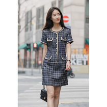 Maintain elegant Penny level posture exquisite fashion Plaid eatles temperament small fragrant wind round neck short sleeve dress