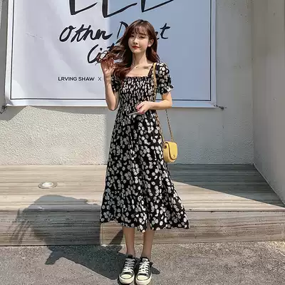 2021 new summer French black dress women Spring thin foreign style small Daisy chiffon short sleeve long dress