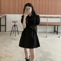 Bubble sleeve French black dress womens summer new Hepburn style small black dress design temperament short skirt