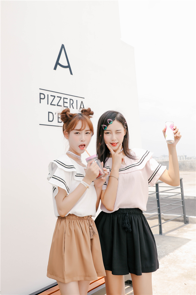 实拍 学院风闺蜜装休闲宽松荷叶边纯色圆领娃娃衫衬衣