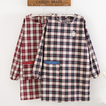 Korean home kitchen apron womens gown cooking oil-proof with sleeves cute small plaid fashion long sleeve overalls