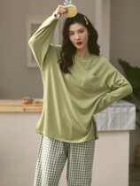 2021 new pajamas womens spring and autumn cotton long sleeves thin spring and summer solid color plaid home clothing two-piece set