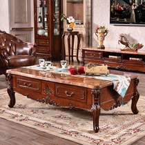 All solid wood simple coffee table TV cabinet combination European marble retro carved American furniture wood color tea table