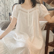 Sleeping Skirt Woman Short Sleeve Pure Cotton Summer Thin pyjamas white sweet palace TimesThe princess All cotton can be worn outside the home
