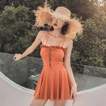 Caramel Orange small breasts gather to cover the belly thin conservative sexy one-piece swimsuit Womens Flat corner Korean skirt swimsuit women