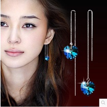 South Korea Womens Long Ocean Hearts Earrings 925 Pure Silver Blue Crystal Earline Streaming Suear Anti-Allergy