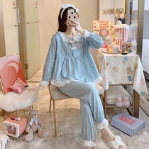Pajamas female spring and autumn cotton cotton autumn and winter thin models can be worn outside cute princess palace style home clothes two-piece suit