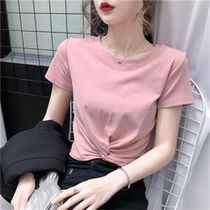 Pink short top womens short sleeve T-shirt 2021 new summer Korean version of tight high waist kink round neck shirt
