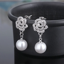 925 Silver Pearl Earrings Female Japan-ROK Edition fashion inlaid with rose floras with long silver earbuds anti-allergy ear ornaments