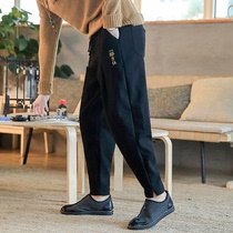 Spring and summer linen Haren pants mens loose large size Tang suit Chinese style retro embroidered cotton hemp bloomers