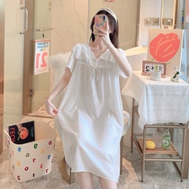 Sleeping Skirt Woman Short Sleeve Summer Slim v Collar Pure Cotton All Cotton White Pyjamas Palace Windy Princess Wind Lace House Dress