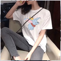 Korean Trendy Star 2022 Spring Summer Pink Flying Elephant T-Shirt Women's Loose Unisex Short Sleeve Couple Outfit Internet famous T