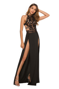 Sexy perspective lace nude back high slit dress