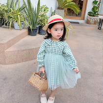 Yangmei childrens clothing 2021 autumn new girls dress plaid stitching mesh skirt baby childrens female skirt
