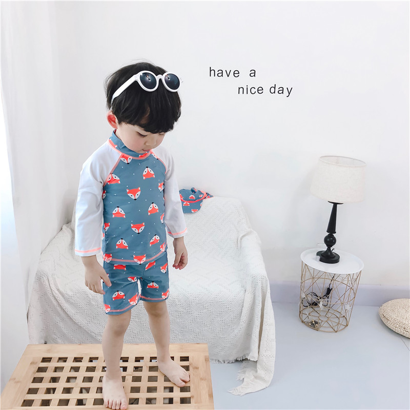 South Korean children swimsuit cute fox styling boy with long sleeve two-piece swimsuit sunscreen surf pants