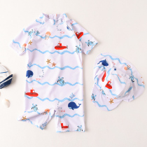  2021 South Koreas new boys  swimsuit one-piece cute cartoon sunscreen quick-drying childrens swimsuit seaside free swimming cap