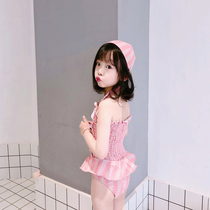  2020 Korean summer new childrens explosive girls one-piece swimsuit pink striped princess style lace swimsuit