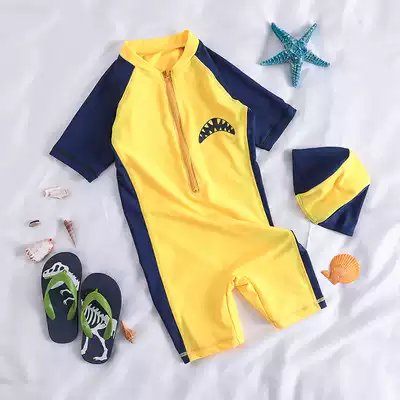 Children's swimsuit Print Yellow Shark boy one-piece swimming trunks hot spring baby baby sunscreen diving suit swimsuit