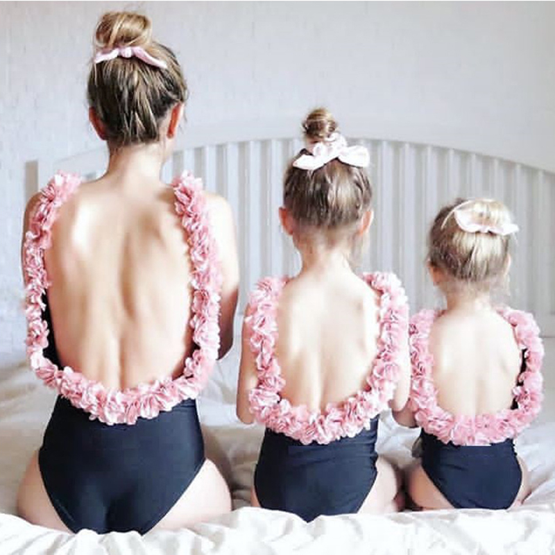 Korean version ins fashion three-dimensional flower petals halter girl mother one-piece swimsuit parent-child mother and daughter shake the same paragraph