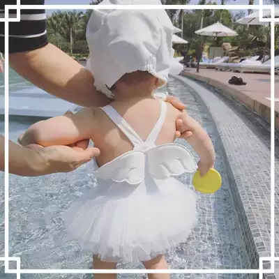 Korean Princess female baby baby pure white little angel wings Girls Swimsuit one-piece skirt swimsuit Gauze skirt