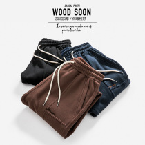 WOODSOON autumn and winter sports pants mens knitted pants casual pants plus velvet padded mens loose Spring and Autumn leg trousers