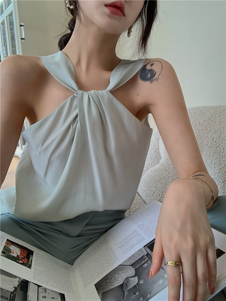 实拍 薄荷绿/粉色 温柔扭结挂脖小背心