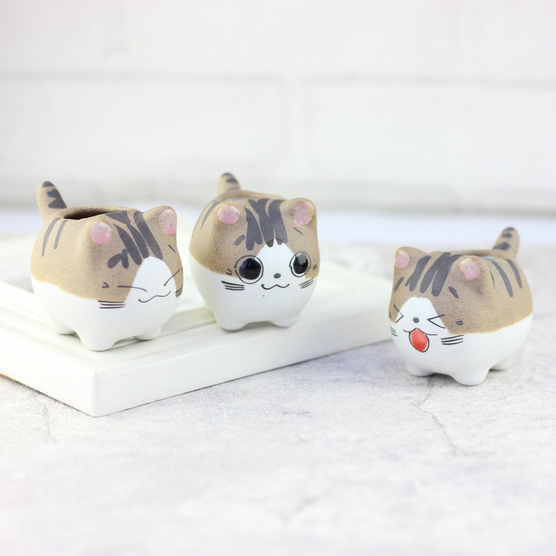 「起司猫多肉盆」新款卡通陶瓷花盆多肉花盆动物派对田园可爱花盆_7折