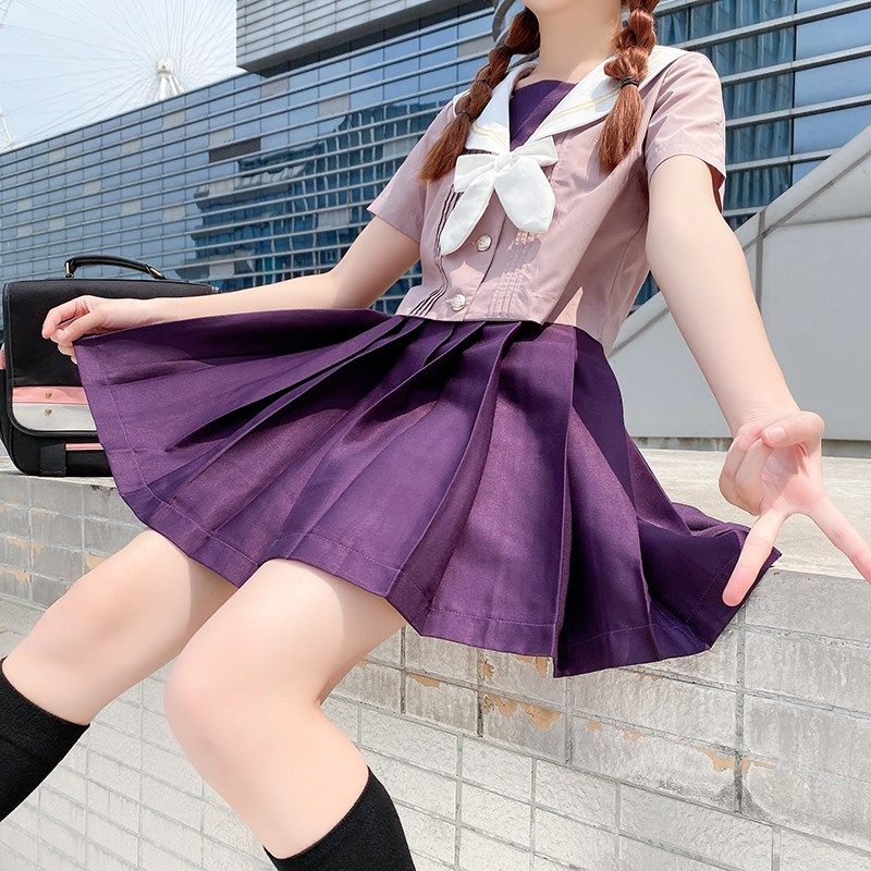 实拍现货日系正统jk制服夏季短袖短裙jk套装女香芋紫水手服两 - 17网