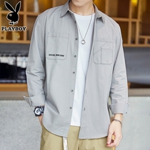 Playboy shirt mens long-sleeved Hong Kong fashion trend handsome casual tooling shirt mens loose jacket mens spring and autumn