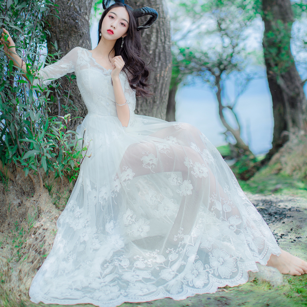 2017新款蕾丝仙女裙连衣裙过膝长裙女夏学生