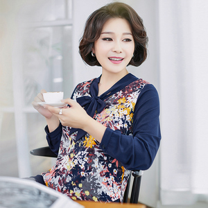 迪葵纳中年妈妈装2018秋装新款假两件上衣中老年女装T恤FQ7938莜