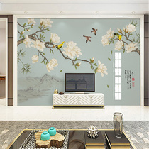 New Chinese magnolia bird hand painted bamboo and wood fiber TV background wall Living room sofa bedroom bedside integrated wallboard