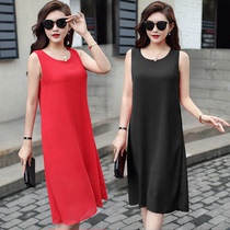 Large size dress fat summer mm long plus fat large belly covered belly slim chiffon with sleeveless suspender skirt