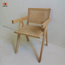 Rattan wabi-sabi dining chair solid wood backrest log Nordic armrest Chandigarh chair home balcony leisure rattan chair