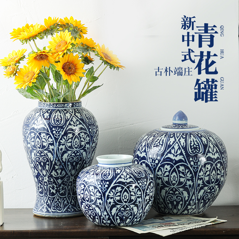 New Chinese style ceramic vase blue leaf veins of jingdezhen blue and white porcelain vase Chinese sitting room adornment is placed