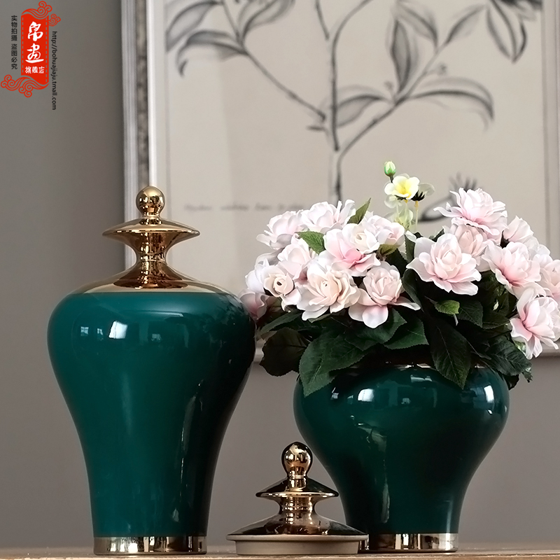 I and contracted gold - plated vase jingdezhen porcelain pot furnishing articles retro fresh green color glaze decorations by hand