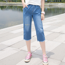 Student leisure jeans Capri pants girls summer clothes thin wash water do old junior high school students elastic waist pants college style