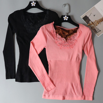 Autumn and winter plus velvet thickened lace V-neck body tight and warm single top womens bottom wear plastic body autumn clothes
