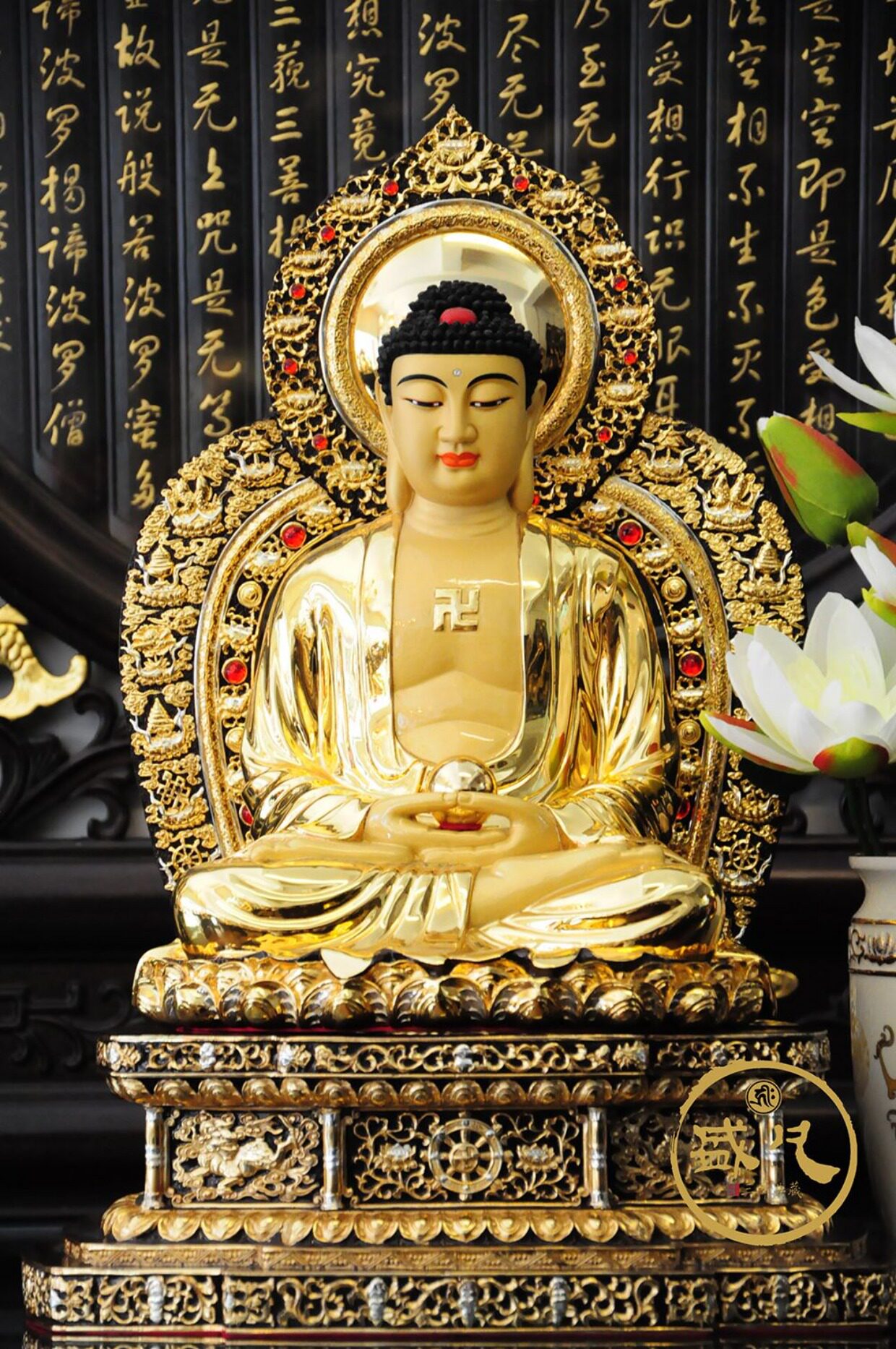 佛具台湾盛凡纯铜鎏金佛像阿弥陀佛药师佛释迦佛三宝佛佛像摆件