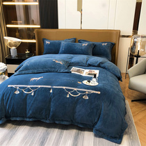 Winter European style milk velvet bed four-piece set embroidered plus pile thick double sided coral fleece sheet duvet cover flannel
