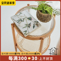 Japanese ins solid wood rattan small coffee table sofa side cabinet modern bedside round table bedroom living room household small apartment