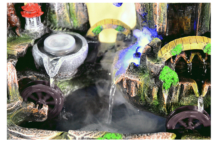 田园假山喷泉流水生财家居饰品招财风水轮加湿器客厅办公室小摆件_不